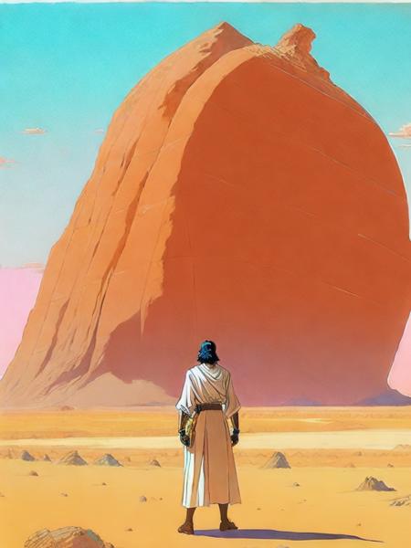 00706-4269484416-a painting of a man standing in the desert with a giant rock in the background by Moebius Jean Giraud.png